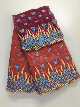 

red nigerian bazin riche getzner woman blouse french net lace nigerian scarf with beads african fabric for women dress 5+2yards