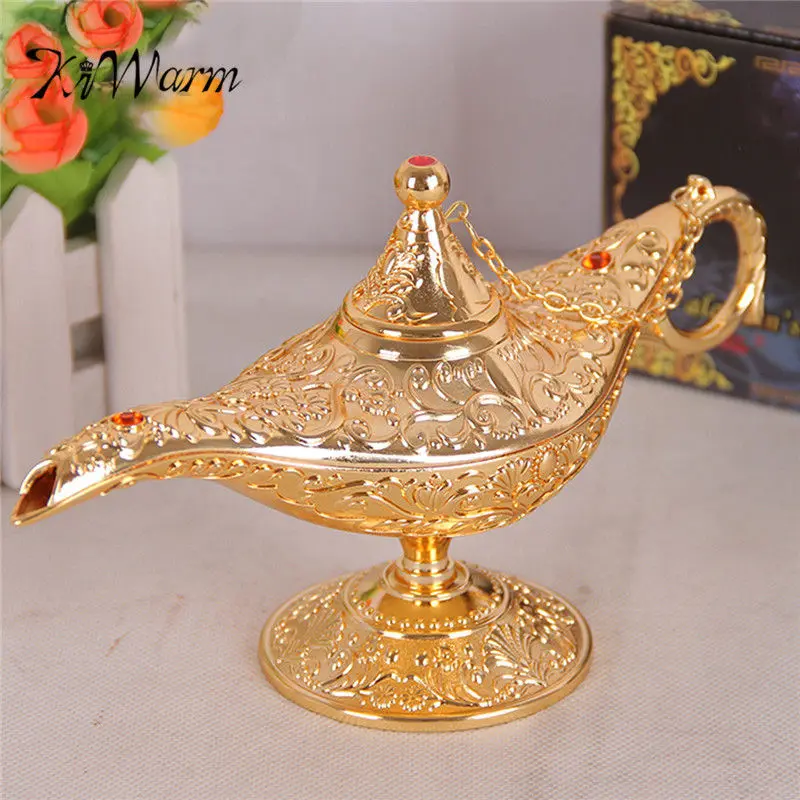 Comprar KiWarm clásico Metal tallado Aladdin lámpara luz deseando té aceite olla decoración coleccionable Colección Arte artesanía regalo