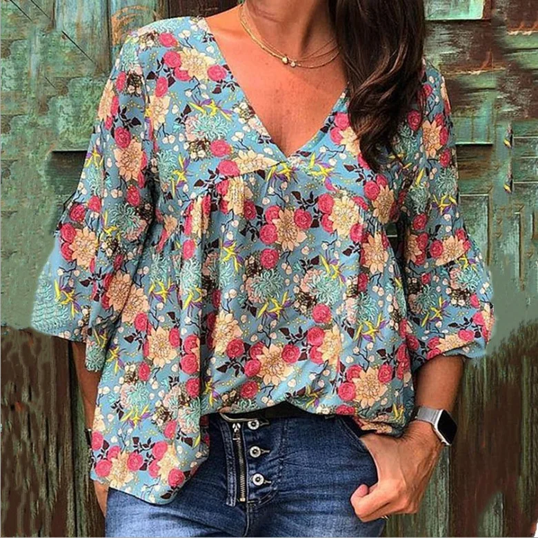 2019 autumn women's blouse V-neck loose large size seven-point sleeve shirt printed shirt women