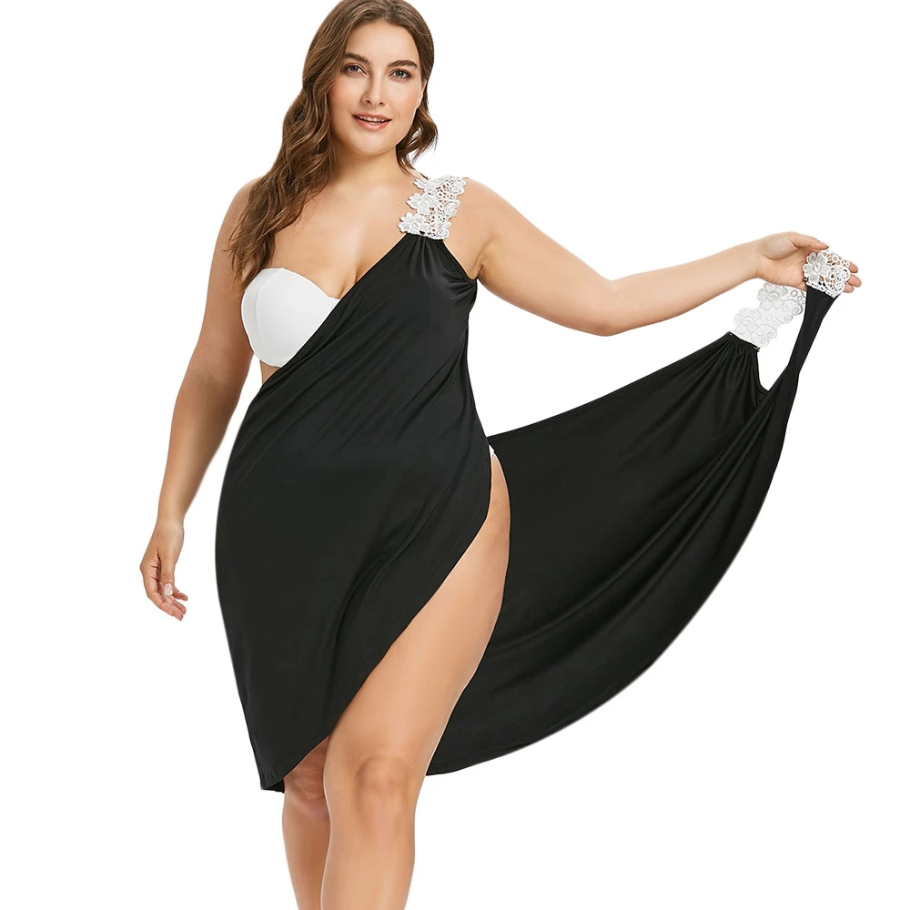 

2018 New Plus Size Women Dress Deep V Neck Lace Sexy Straps Wrap Up Dress Solid Sleeveless Slip Summer Beach Cover Dress Robes