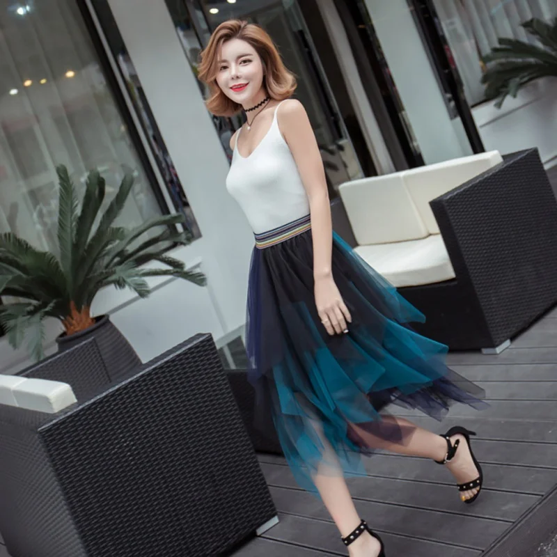 

2019 Women's Fashion Tulle Skirts Rainbow Striped Elastic High Waist Mesh Tutu Maxi Skirt Pleated Matching Mesh Midi Skirt