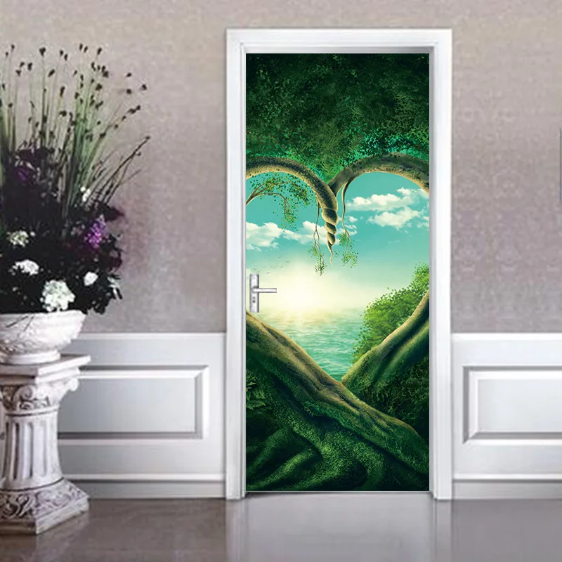 Green Forest Heart Tree Door Stickers Lovely Family Vinyl Decals For