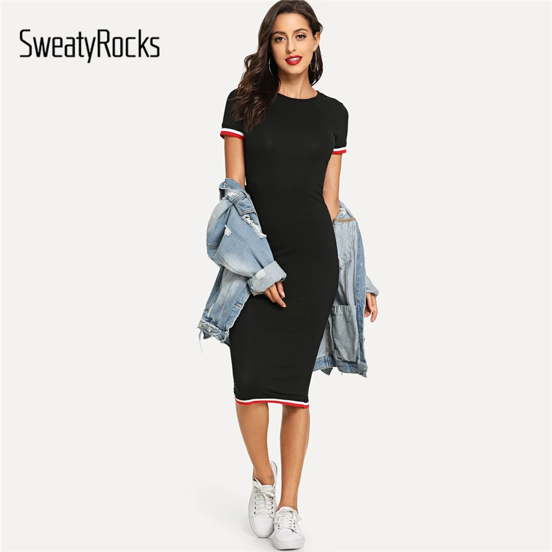 

SweatyRocks Striped Trim Tee Dress Streetwear Round Neck Women Casual Clothes 2019 New Spring Summer Bodycon Long Dress