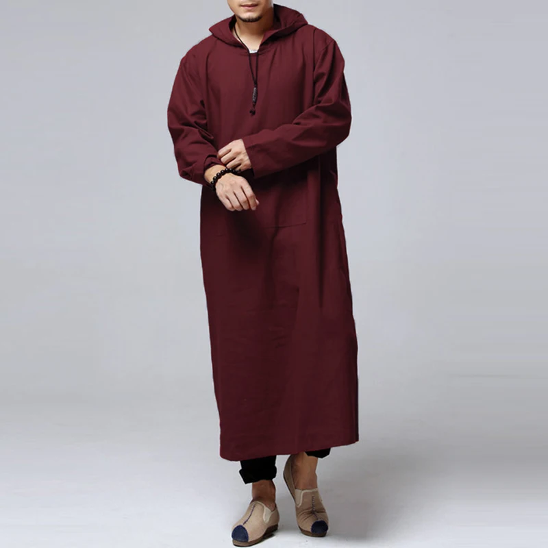 INCERUN Ретро китайские мужские толстовки Халат длинный рукав хлопок Полная длина исламский арабский кафтан Одежда Мусульманский костюм этнический - Цвет: Wine Red
