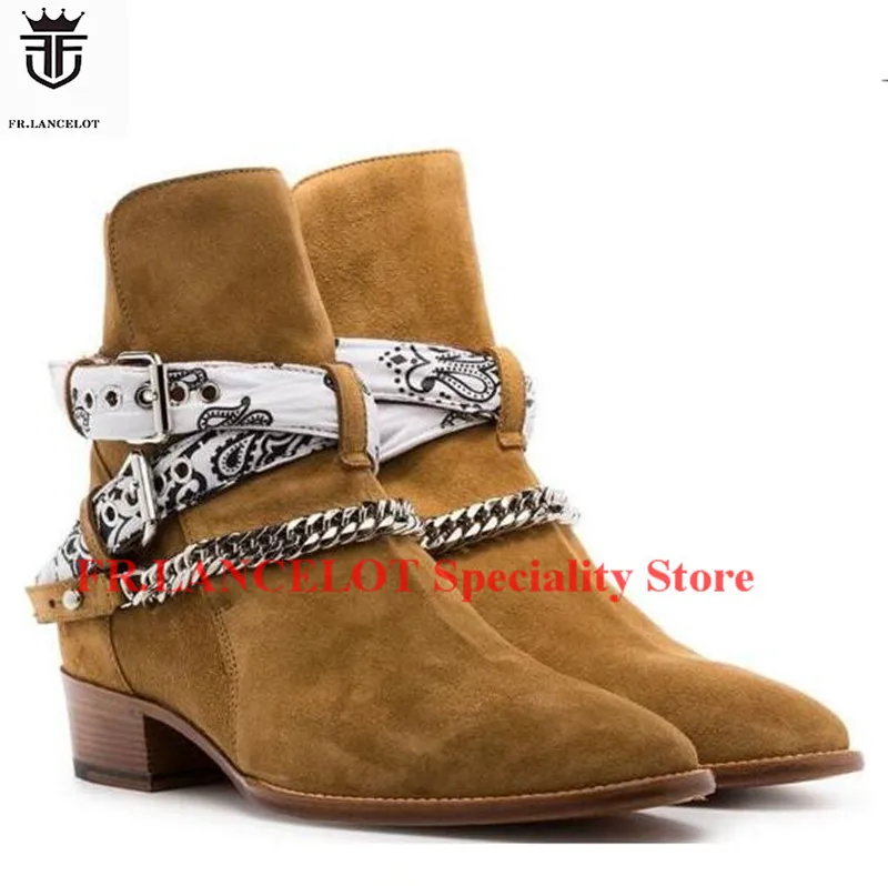 

2019 FR.LANCELOT Brown Real Suede Leather Men Boots Ankles Botas Sliver Chains Cross-Buckles Low Heel Shoes Mens Sapatos Mujer