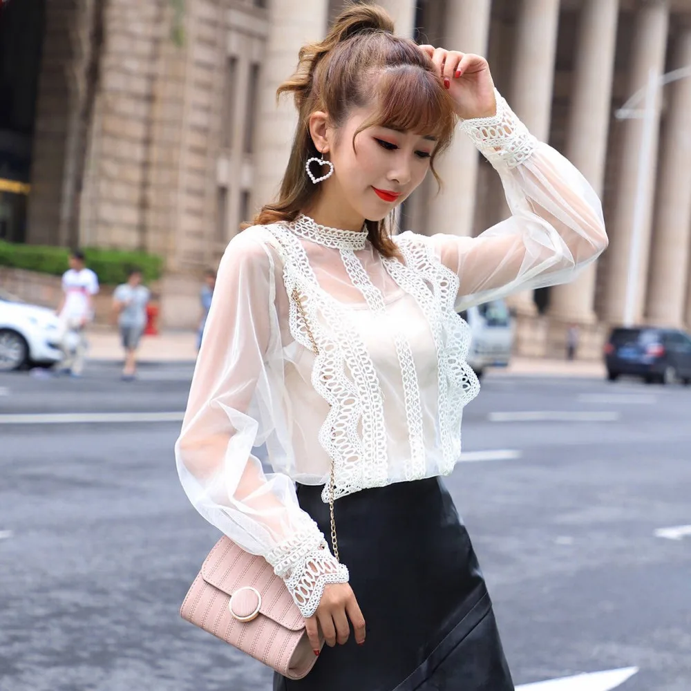 

Sexy Chiffon Blouse Shirt Women Tops Autumn new Ruffle BlouseOffice Lady Transparent Long Sleeve Lace female high quality