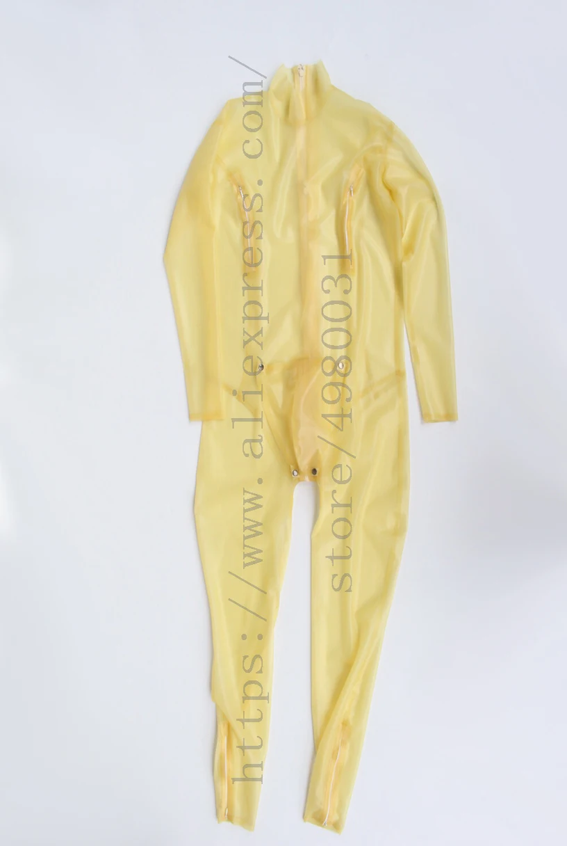 

Men's 100% natural transparent latex zentai catsuit homme breast and feet hidden zippers and codpiece with back zip to abdomen
