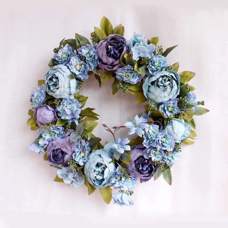 Christmas Silk Peony Rose Artificial Flowers Wreath Door High Quality Artificial Garland For Wedding decoration Home Party Decor - Цвет: A blue 40cm