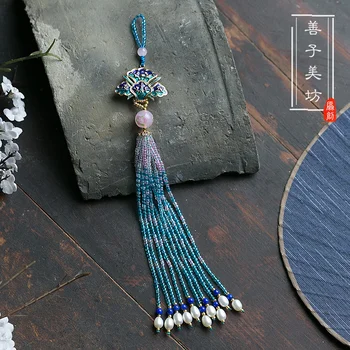 

Chinese style handmade vintage tassel Cloisonne pearl blue beading charms kimono/cheongsam accessories Pendant Dress decoration