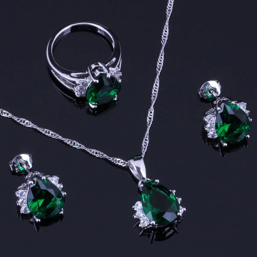 

Marvelous Green Cubic Zirconia White CZ 925 Sterling Silver Jewelry Sets For Women Earrings Pendant Chain Ring V0323