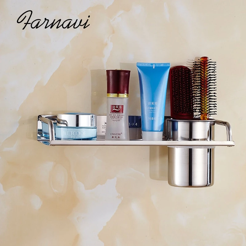Bathroom Shelf Single Tier Lavatory Cosmetic Shampoo Holders Organizer Wall Mounted Fittings with Cup Holder | Обустройство дома