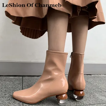 

luxury brand designer clear round ball heels socks boots women zip patent PU leather soft autumn winter dress shoes ankle boots