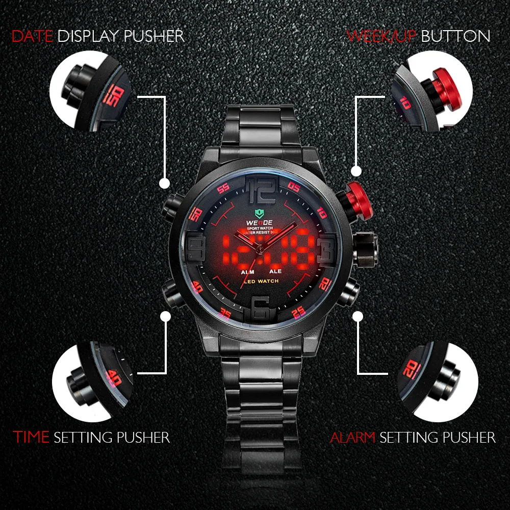  WEIDE Mens Sports Business Military Army Quartz movement Analog led Digital Automatic Date Alarm Wr
