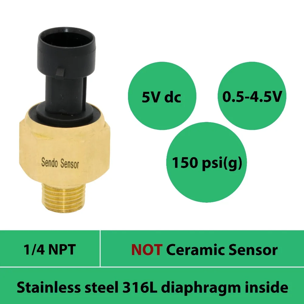 

0 150psi pressure sensor, 10bar, 1 Mpa gauge, 5Volt, 0.5 to 4.5V signal, oil pressure sensor, AISI 316L diaphragm, 1 4 inch NPT