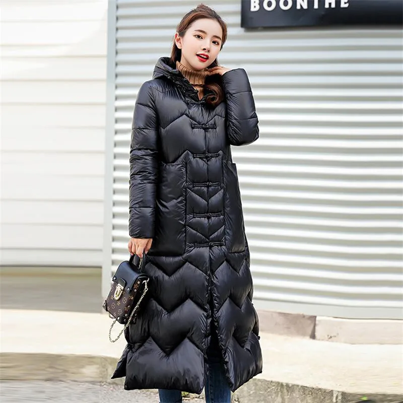 

Winter Solid Color Work Cotton Clothing Female 2019 Wave Striped Hooded X-Long Parkas Buttons Women Maxi Thicken Cotton Coat Red