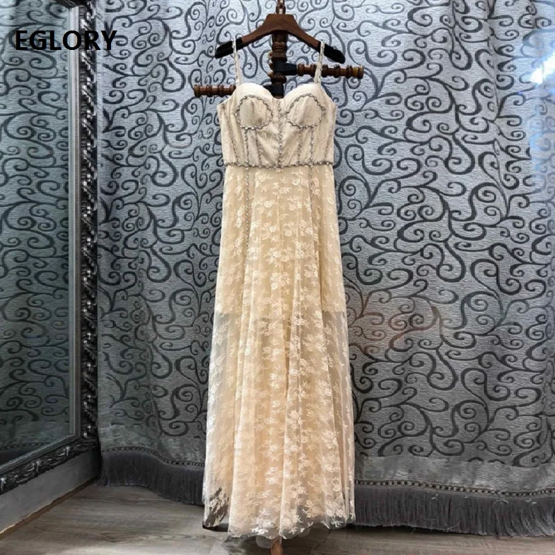 

Lace Long Evening Vestidos Women Diamond Beading Allover Exquisite Lace Flower Patterns Sleeveless Strap Long Party Maxi Dress