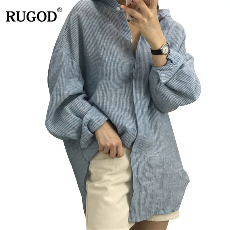 RUGOD 2018 новые свободные полосатая блуза Для женщин Oversize Повседневное длинный рукав солнцезащитный крем Топы BF Стиль рубашки для женщин