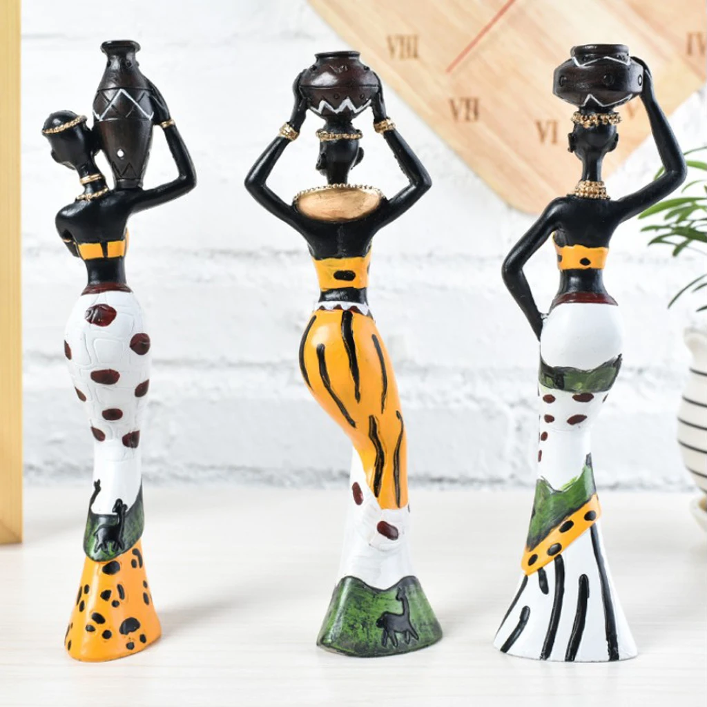 African Figures Sculpture Tribal Lady Figurine Statue Table Stand, Home Art Decor, Set