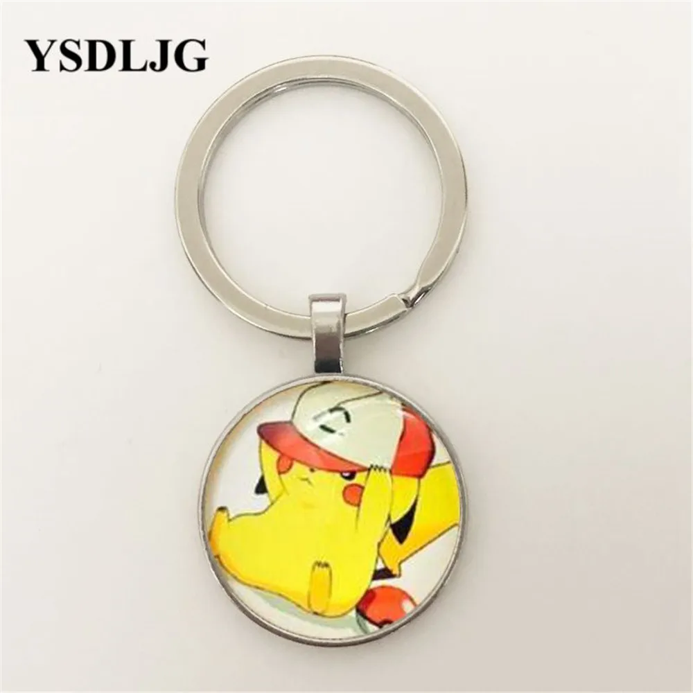 

Fashion Vintage Pokemon Pikachu cabochon Glass Silver Pendant Key chain Jewellery For children love gift