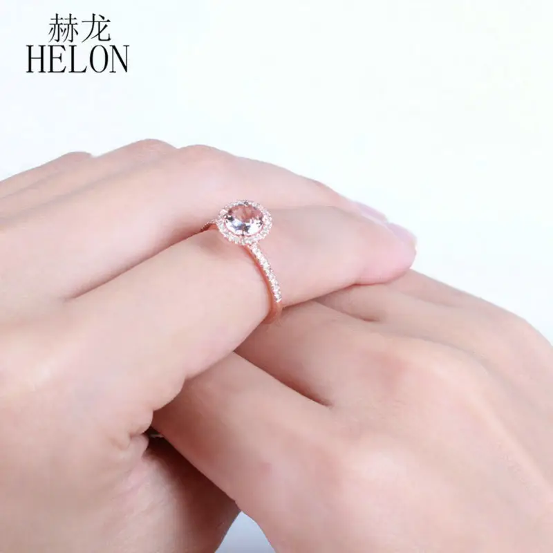 HELON Pave& Prong острые когти 6 мм круглые 0.717ct морганит 0.2ct Алмазы обручальные кольца твердые 10K обручальное кольцо из розового золота кольцо