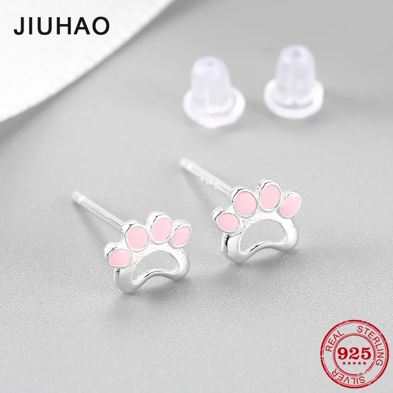 

New pink Enamel Cute dog paw Print shape 925 Sterling Silver Stud Earrings For Women Pan Earrings Girl Party Fine Jewelry