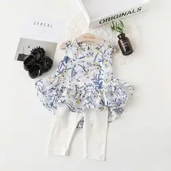Лето 2017 г. модная одежда для девочек Костюмы дети пота Костюмы рубашка с цветами и белый Брюки для девочек Нарядная одежда для малышей Обувь