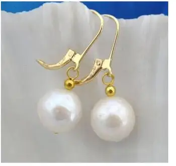 

Free shipping Natural 10-11mm Round White South Sea Pearl Dangle Earring 14 Gold