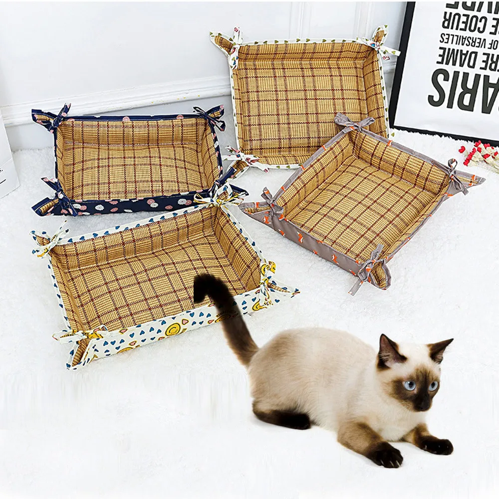 Pet Cat Dog Bed Mat Summer Cool Round Comfortable Straw Bamboo Mats For
