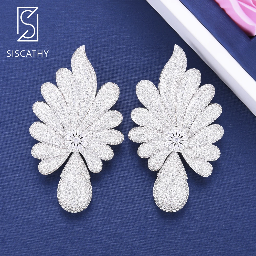 

SISCATHY Deluxe Bridal Wedding Earrings Cubic Zirconia Inlaid Big Pendant Earrings Leaves Shape Drop Dangle Earrings