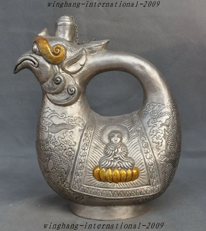 

Crafts statue Collect Tibet Silver Gilt Dragon Phoenix Buddha Rice wine Pot Flagon Hip flask halloween