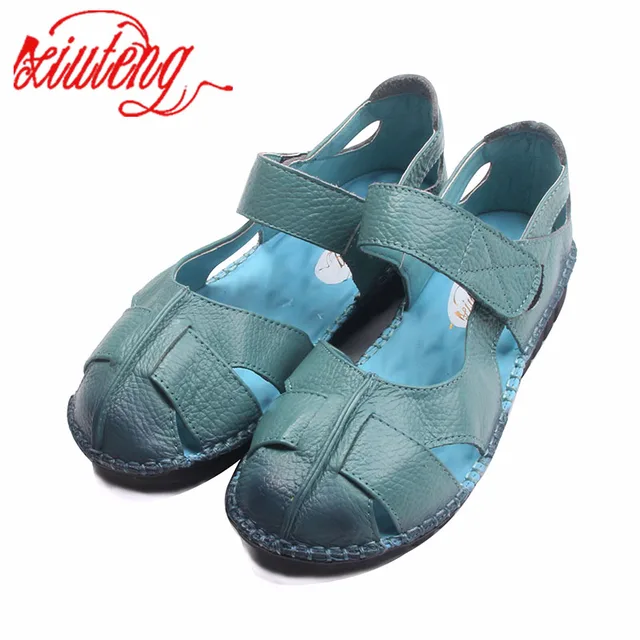 Xiuteng Handgemachte Frauen Leder Sandalen Für Sommer DAMEN SCHUHE FLACHE SCHUHE ECHTES LEDER HANDGEMACHT SCHWARZ MOMA