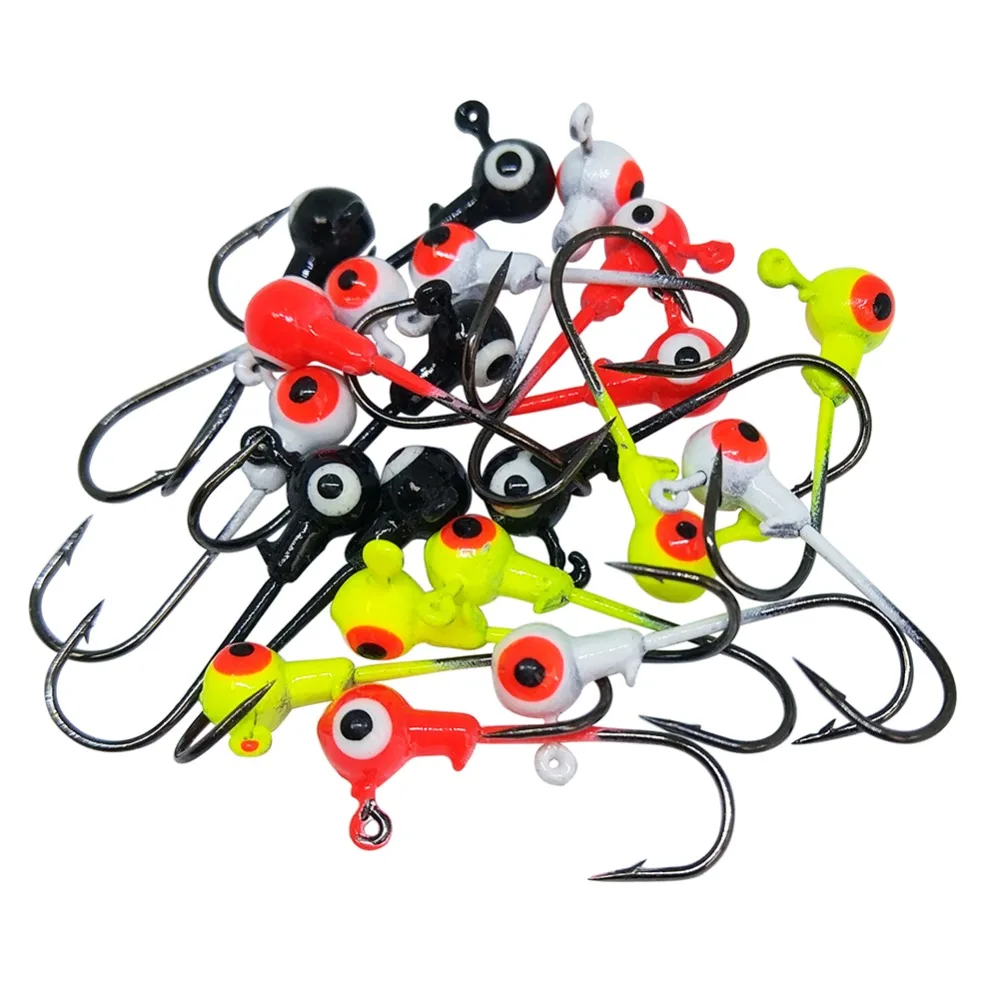 

20-pieces Fishing Hooks Painted Jigheads 1g Round Double-eye Jigs Hook Jigging Soft Baits Worm Hook