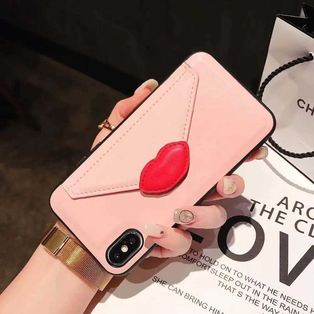 Red Lips Wallet Bag Envelope Bracket Phone Case for iphone 6 6s 7 8 Plus Black Card All Inclusive Drop Cover XS Max XR X 6S |