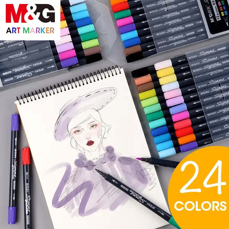 M G 24 ألوان مزدوجة نصائح فرشاة ألوان مائية الفن علامات Fineliner الملونة قلم تحديد ل الرسم الملون مجموعة أدوات رسم انطباعات أقلام رسم فنية Aliexpress