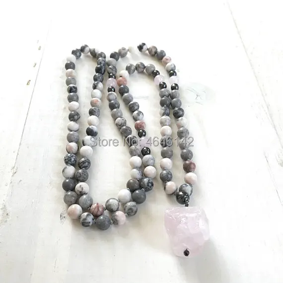 SN00016Rose Quartz Mala Beads, Open The Heart To Love Mala Necklace, Pink Zebra Jasper Mala, Yoga Meditation Beads, 108 Bead Hand Knotted Mala4 (1)