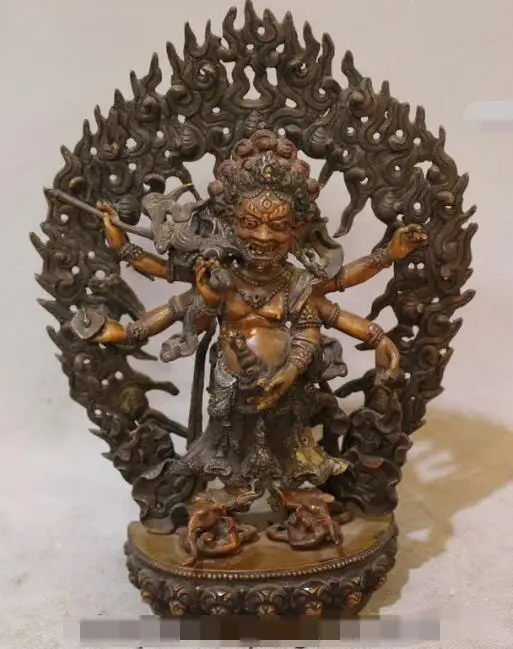 

S7267 9" Old Tibet BuddhismTemple Pure Bronze Stand 6 Arm Mahakala Buddha Statue D0318