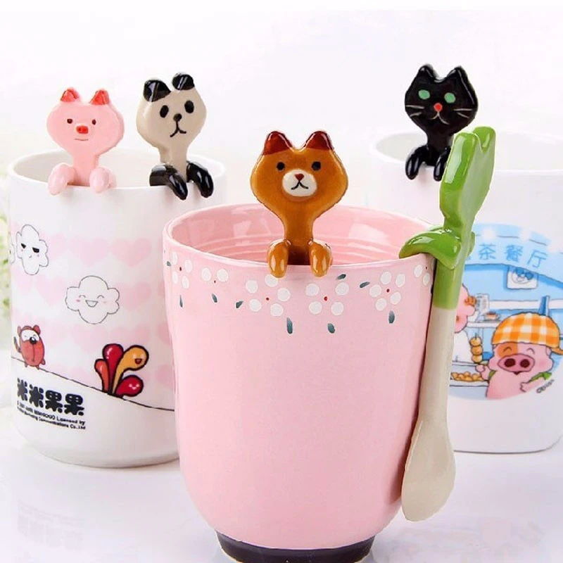

Creative Cute Cartoon Animal Spoon Ceramics Portable Hanging Spoon Coffee Dinnerware Cup Decoration Kitchen Accessories Supplies