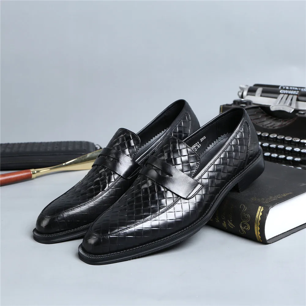 Тканые дизайнерские черные/коричневые Лоферы ручной работы; Мужские модельные туфли; свадебные туфли из натуральной кожи; обувь для выпускного бала для мальчиков - Цвет: Black