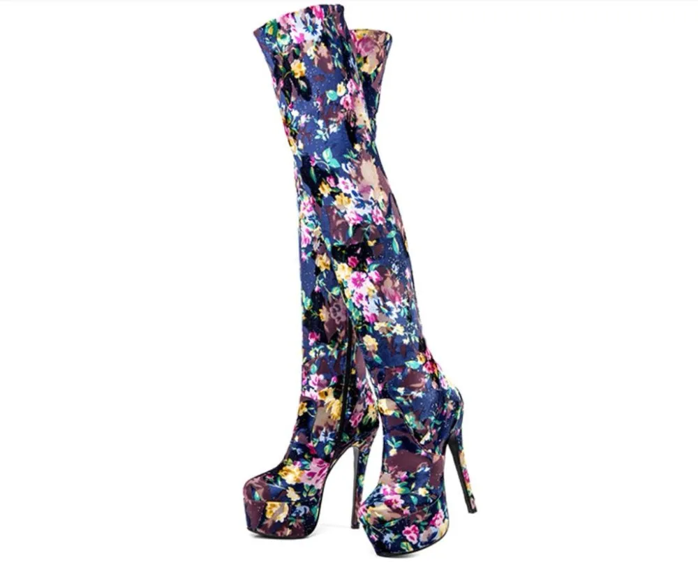 

Autumn and winter, the new thin knee long tube elastic fashion flowers show thin boots