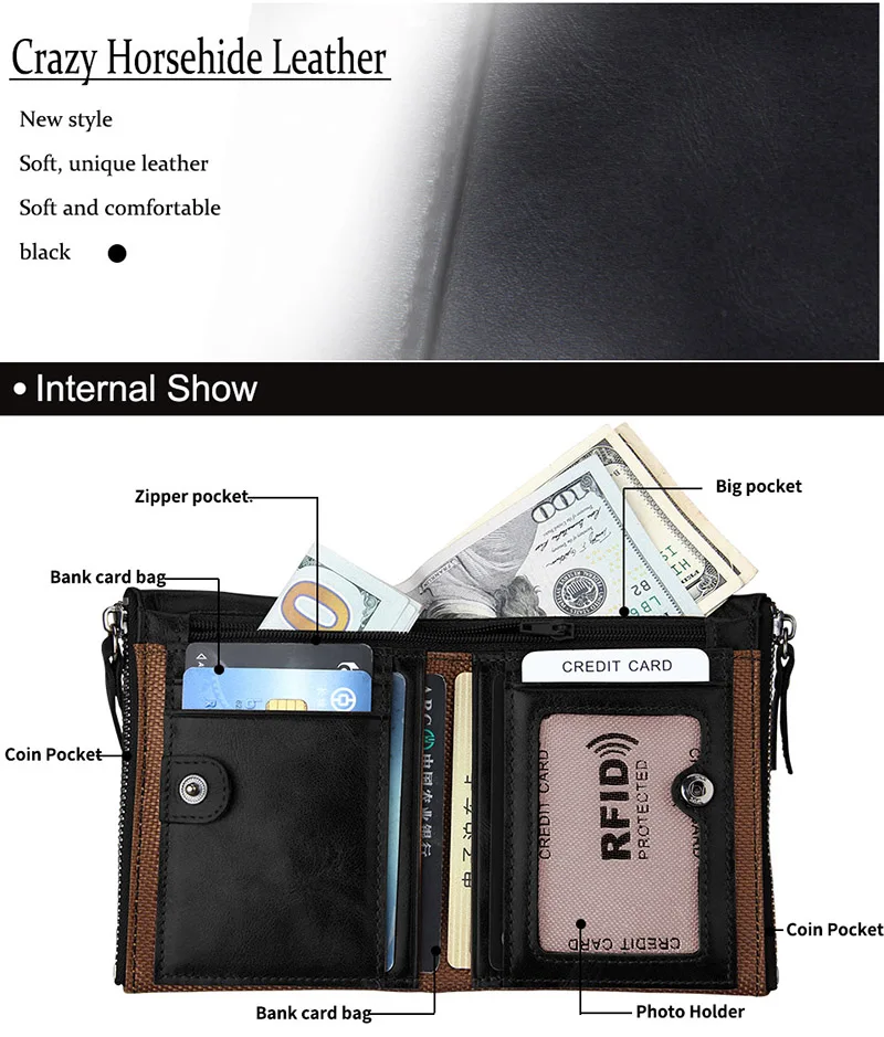 Genuine Crazy Horse Cowhide Leather Men Wallet Short Coin Purse Small Vintage Wallets Anti-RFID Pirate Brush Men Purse (12)