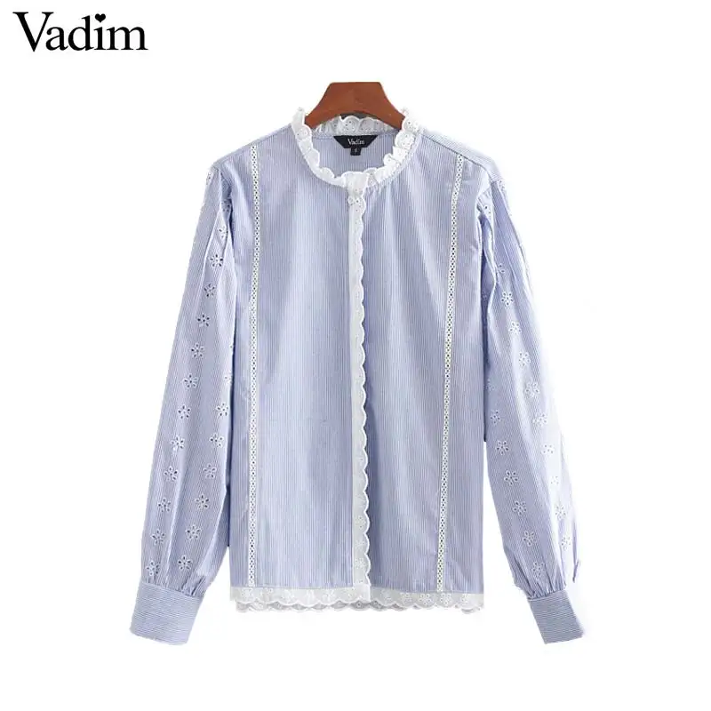

Vadim women basic striped blouse embroidery hollow out patchwork long sleeve female casual shirts vintage chic tops LB015