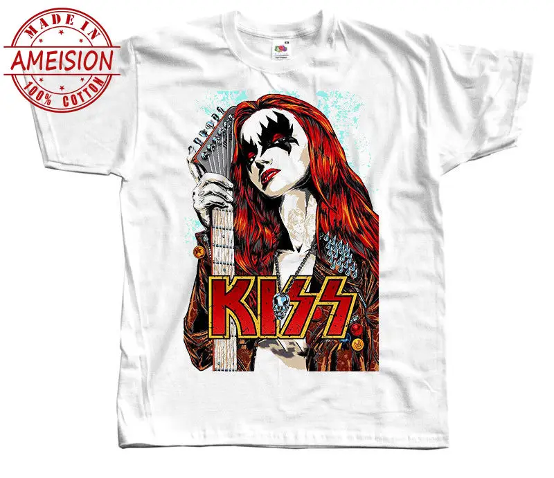 Kiss V3, band poster, Gene Simmons, T-SHIRT DTG (WHITE) S-3XL Design T Shirts Casual Cool