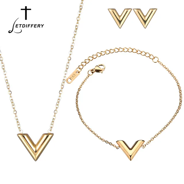 Letdiffery Fashion Letter Necklace V Shape Jewelry Sets Stainless Steel