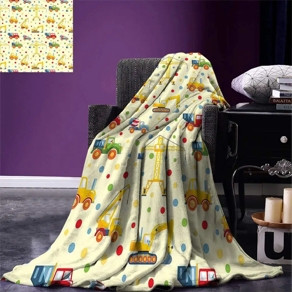 

Kids Throw Blanket Construction Machines Toys Print Colorful Dots Lorry Digger Truck Tractor Themed Print Warm Microfiber