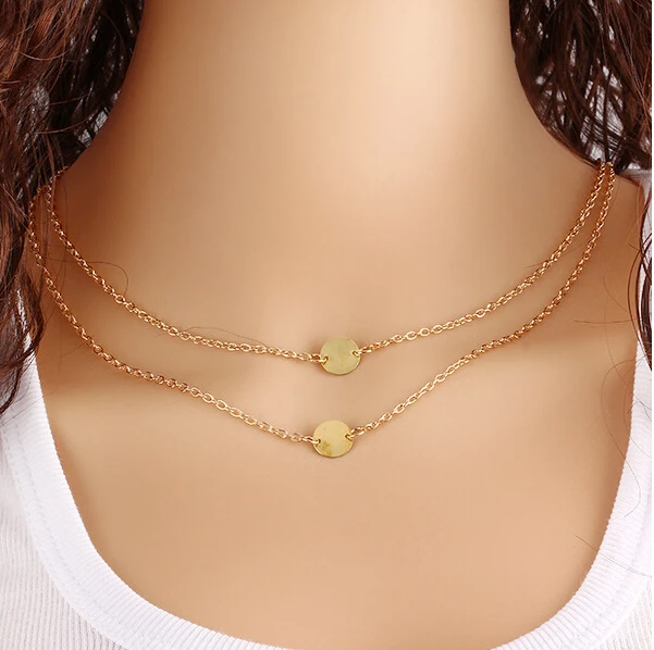 New Fashion Simple Gold Double Chain Necklace Round Pendant Gold