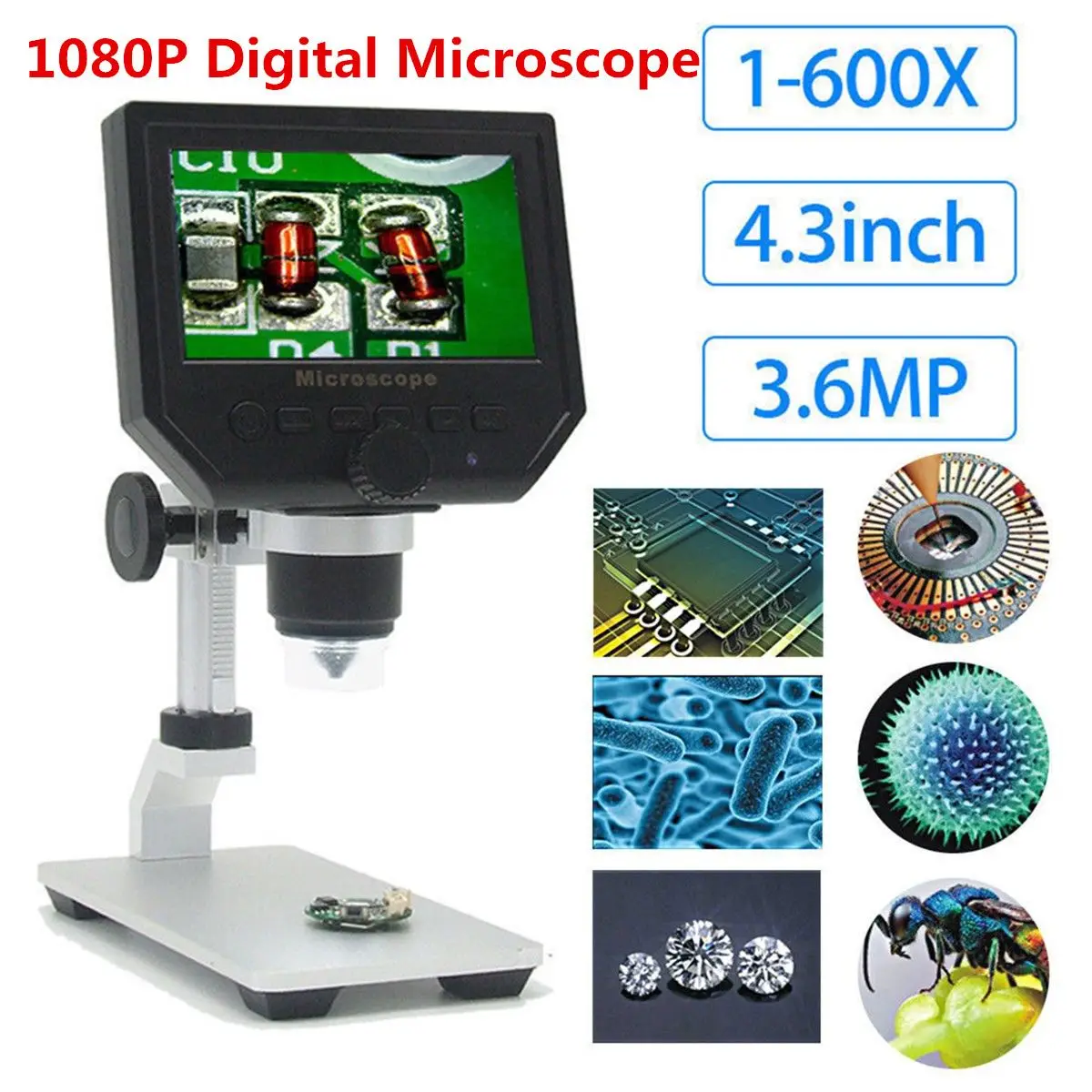 

2020 New Professional Digital Microscope 3.6MP 4.3 Inch Video Color Screen LCD Display 1-600X Continuous Amplification Magnifier
