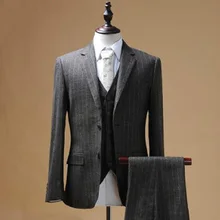 Для мужчин костюмы, бизнес костюмы жениха свадебное платье Тонкий полосатый из трех частей Серые Зимние коричневый в полоску 56/XXXL костюм-тройка