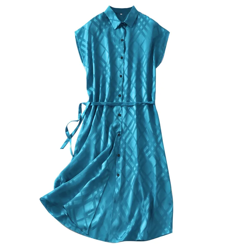 

Women Summer Silk Dress Vintage Blue Natural silk dresses Elegant striped Dress Casual holiday real silk long shirt dress