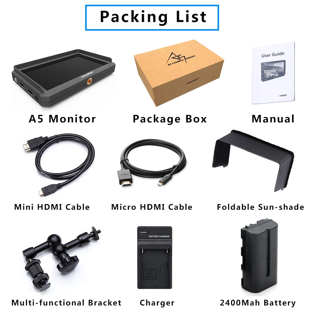 Lilliput A5 Latest 5 Inches 1920x1080 Mini Field IPS Video Monitor DSLR On-Camera monitor 4K HDMI IN OUT for Gimbals Stabilizer