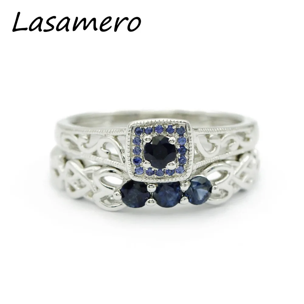 

LASAMERO Rings for Women 0.14ct Round Cut Natural Sapphire Rings 925 Silver Engagement Wedding Rings